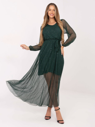 Elegantes Maxi-Kleid mit Applikation und Gürtel, dunkelgrün