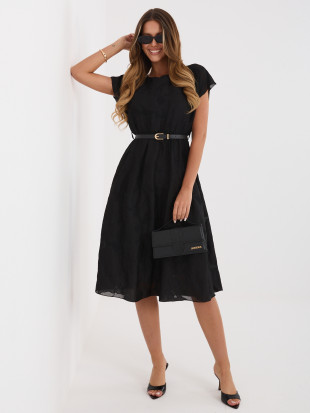 Schwarzes ausgestelltes Midi-Kleid mit Gürtel