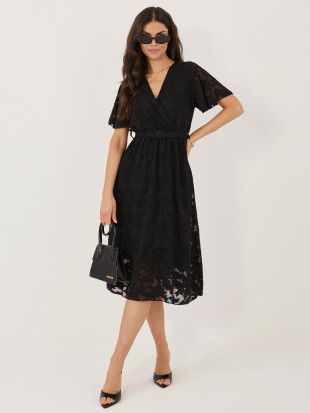 Schwarzes ausgestelltes Midi-Kleid mit Gürtel