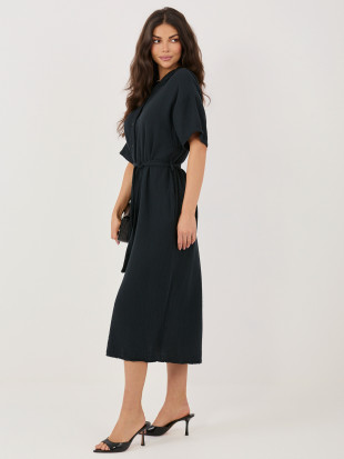 Schwarzes ausgestelltes Midi-Kleid mit Gürtel und Taschen