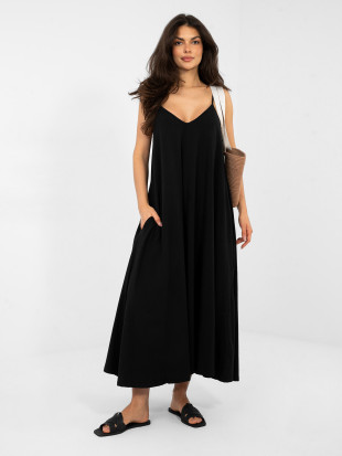 Schwarzes Maxi-Sommerkleid mit V-Ausschnitt und Taschen