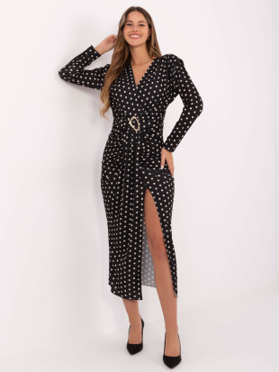 Schwarzes Midi-Etuikleid mit Punkten und Wickelausschnitt