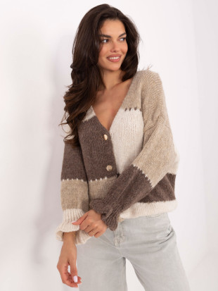 Beiger gestreifter Strickpullover mit Volant und V-Ausschnitt