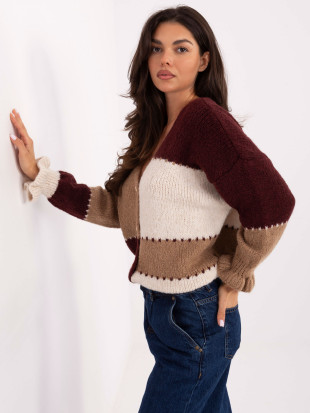 Bordeauxfarbener gestreifter Pullover mit Volant und V-Ausschnitt