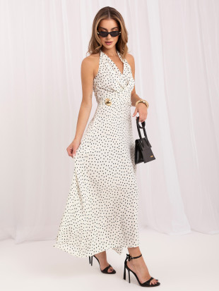 Weißes Maxi-Kleid mit blauen Punkten und Bindegürtel