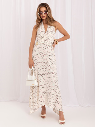 Weiß-braunes Maxi-Kleid mit Punkten und Bindung