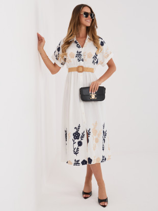 Weiß-blaues Hemdblusenkleid mit Stickerei und Gürtel, midi
