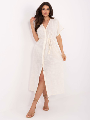 Oversize beige Sommerkleid mit Gürtel und Taschen