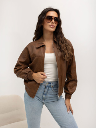Beige Kunstlederjacke mit Reißverschluss
