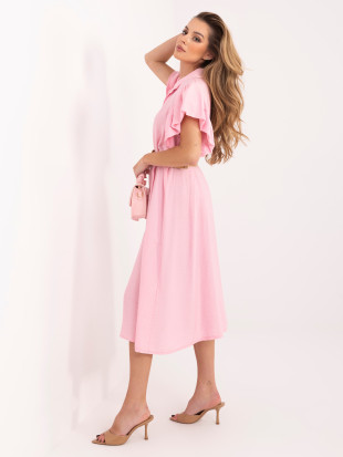 Rosa ausgestelltes Midi-Kleid mit Gürtel und Volant
