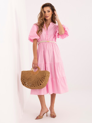 Rosa ausgestelltes Midi-Kleid mit Gürtel