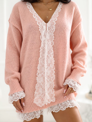 Eleganter rosa Pullover mit Spitze und Bindung