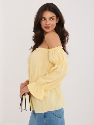 Gelbe Bluse mit Carmen-Ausschnitt und Puffärmeln