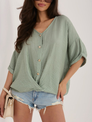 Moderne khakifarbene Bluse mit V-Ausschnitt und kurzen Ärmeln