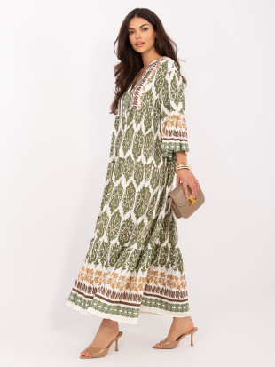 Khaki Maxi-Kleid mit Print und 3/4-Ärmeln