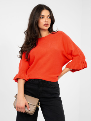 Eleganter korallenfarbener Pullover mit 3/4-Ärmeln und Volant