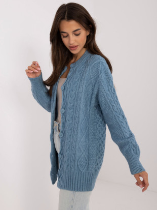 Langer blauer Strickcardigan mit Knöpfen und Strukturmuster