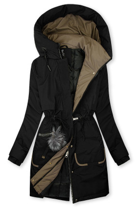 Langer Damen-Winterparka mit verstellbarer Taille Schwarz