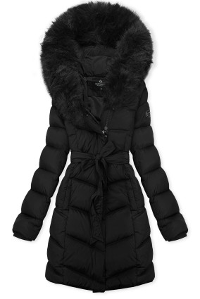 Winterjacke mit Gürtel und Kunstfell Schwarz