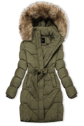 Elegante Winterjacke mit Kunstfell, Khaki